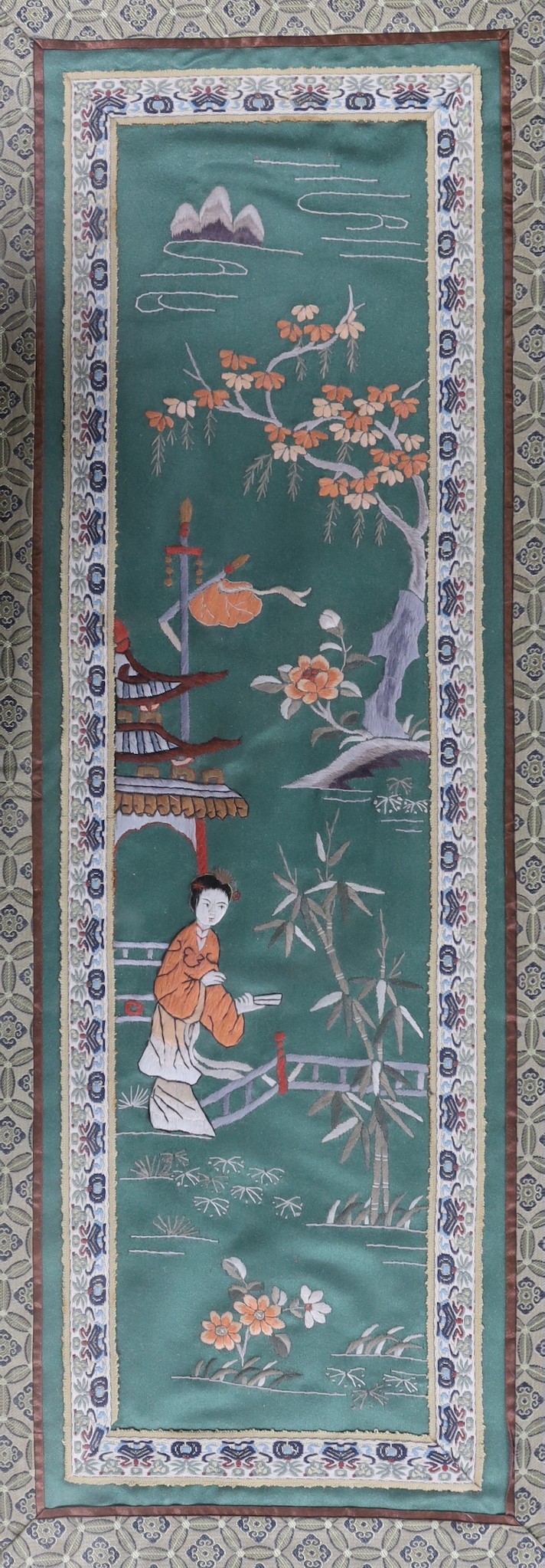 R.A.(?), oil on canvas, ‘Looe’, signed and dated 1892, 26 x 33cm, together with a watercolour harbour scene, signed and dated, and a Japanese silk-work pattern (3)